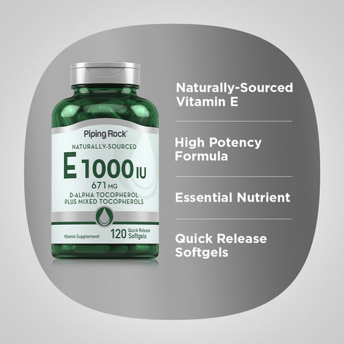 فيتامين اي طبيعي بالقوة القصوى 1000 وحدة 120 حبة PipingRock Natural Vitamin E plus Mixed Tocopherols Non-GMO (Best Before 01-04-2028)