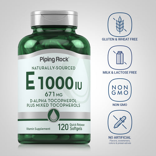 فيتامين اي طبيعي بالقوة القصوى 1000 وحدة 120 حبة PipingRock Natural Vitamin E plus Mixed Tocopherols Non-GMO (Best Before 01-04-2028)