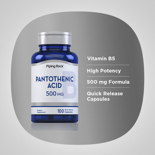 حمض البانتوثنيك، (فيتامين ب5) 500 ملجم، 100 كبسولة Pipingrock Pantothenic Acid (Vitamin B5) Non GMO (Best Before 01-03-2027)