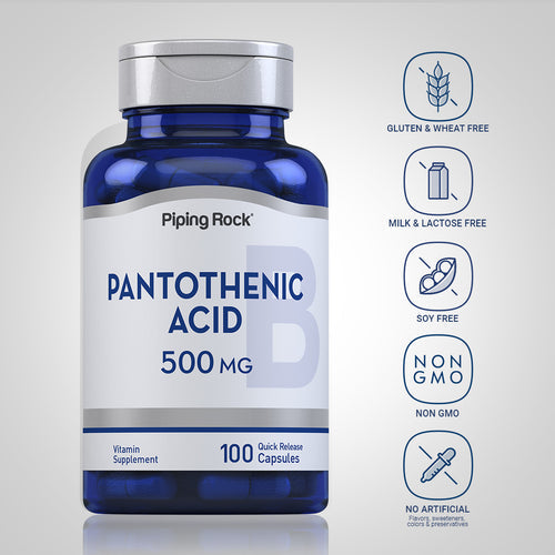 حمض البانتوثنيك، (فيتامين ب5) 500 ملجم، 100 كبسولة Pipingrock Pantothenic Acid (Vitamin B5) Non GMO (Best Before 01-03-2027)