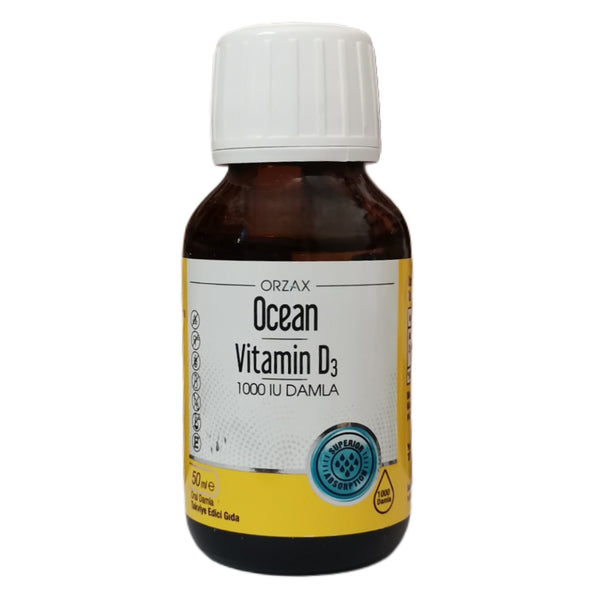 فيتامين د3 سائل 1000 وحدة كل قطرة بزيت الزيتون 50 مل ( 1000 قطرة) (منتج تركي) Orzax Ocean Vitamin D3 Drops Liquid High Strength & Absorption (Best Before 01-03-2025)