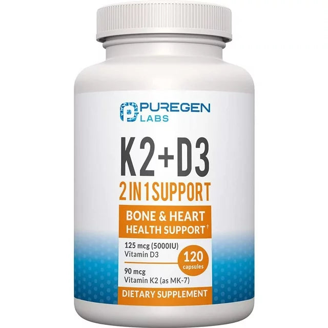 فيتامين د3 5000 وحدة مع ك2 90 ميكرو 120 كبسولة Puregen Labs Vitamin D3 + K2 MK7 (Best Before 01-05-2026)