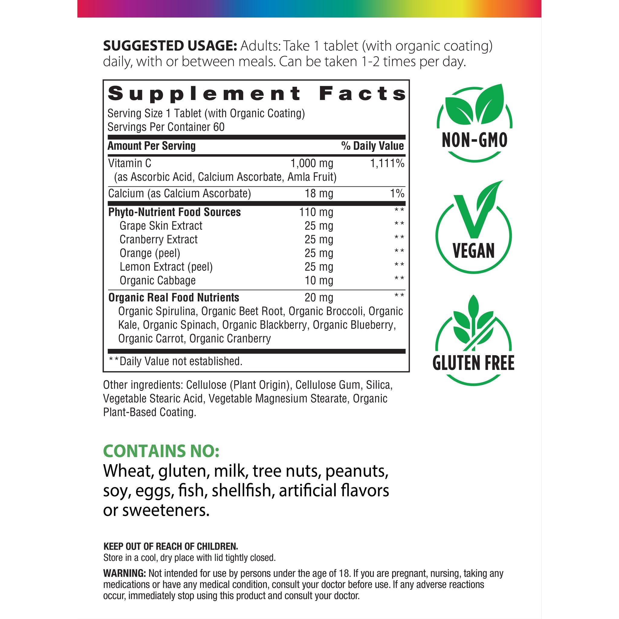 سوبر فيتامين سي 1000 ملجم + أغذية طبيعة 15 عنصر 60 قرص Rainbow Light Super C + Real Food Nutrients (Best Before 01-11-2027)