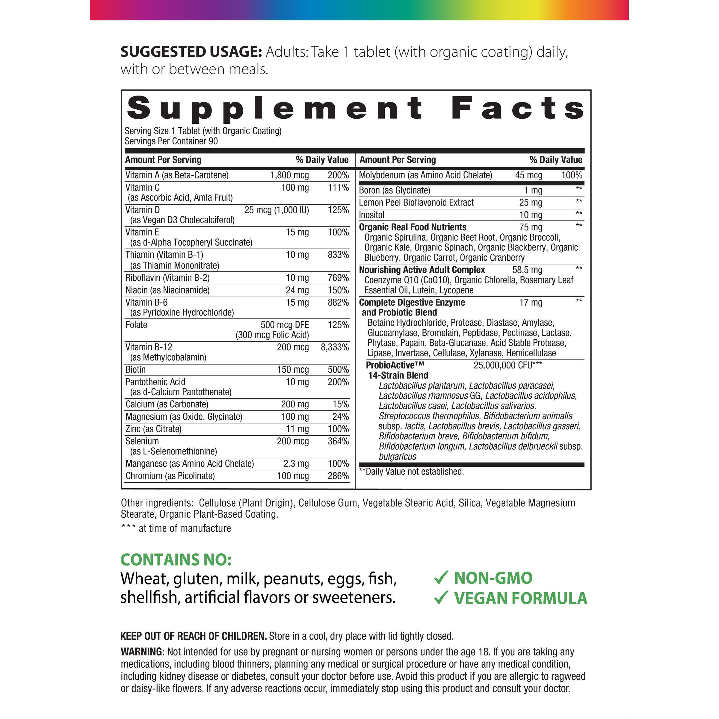 فيتامينات ومعادن متعددة + خلاصات أعشاب + انزيمات هاضمة + بروبيوتك الأفضل للكبار 1175 ملغم 55 عنصر 180 قرص RAINBOW LIGHT Active 50+ Multivitamin (Best Before 01-12-2027)