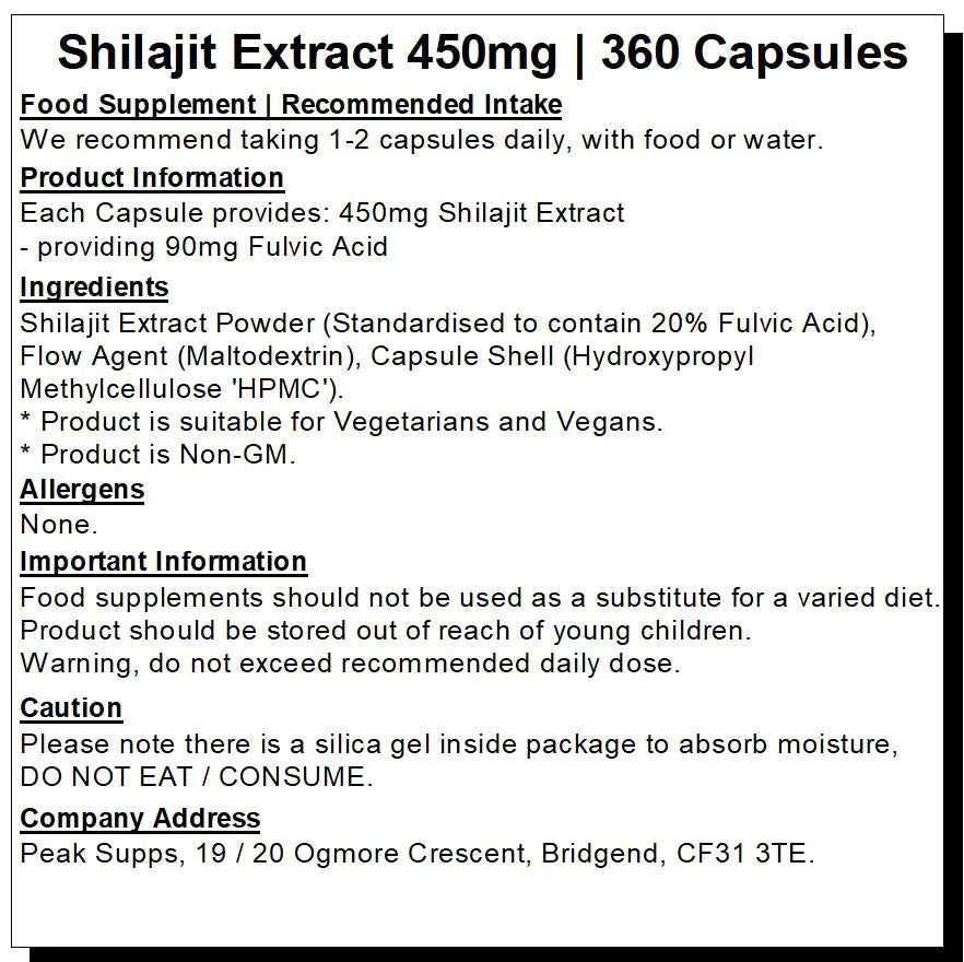 خلاصة شيلاجيت نقي 450 ملجم تحتوي على 90 ملغم فولفيك اسيد 360 كبسولة Peak supps Shilajit Extract (20% Fulvic Acid) (Best Before 28-02-2027)