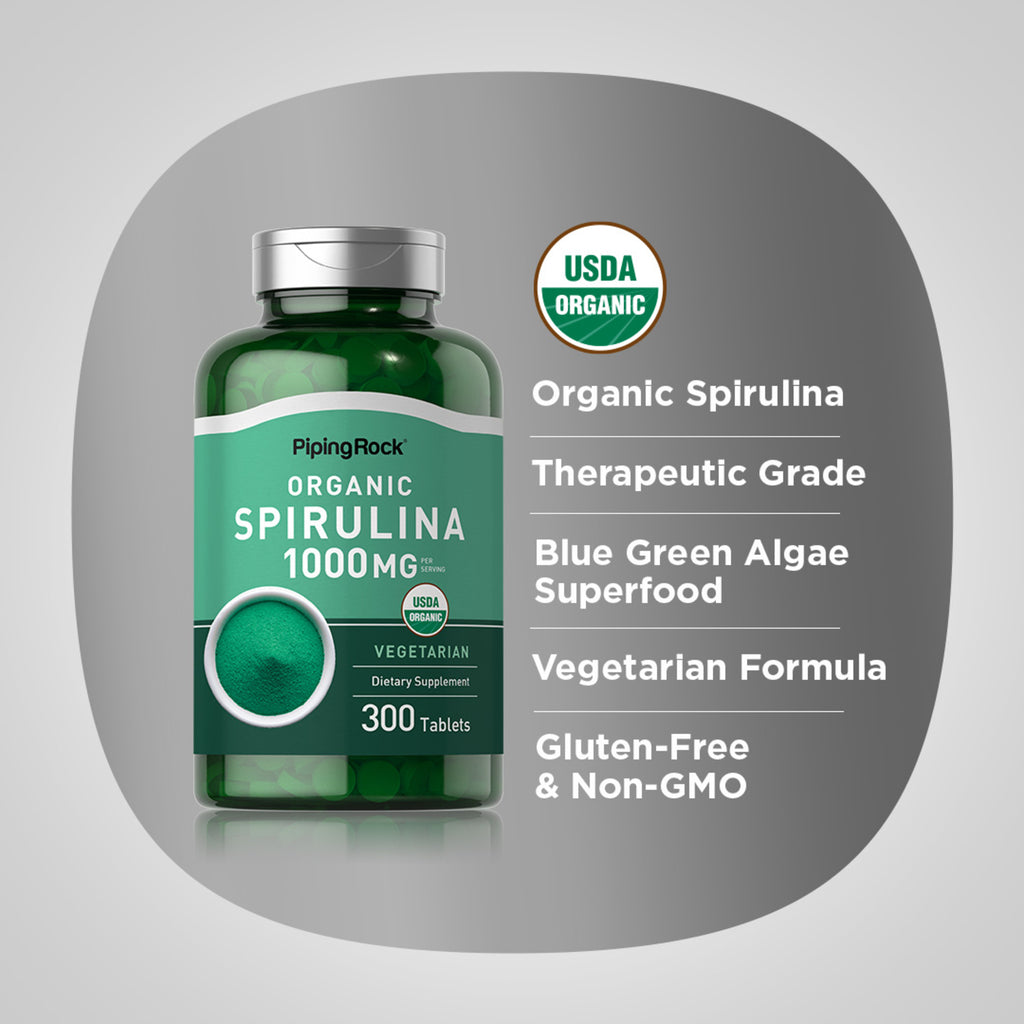 سبيرولينا عضوية معتمدة 500 ملغم 300 قرص PipingRock Organic Spirulina Non-GMO (Best Before 01-10-2026)