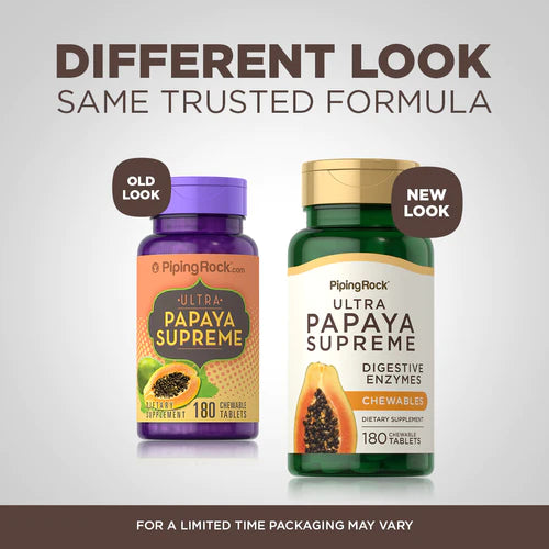 انزيم البابايا الافضل الأميليز والليباز والبروميلين 180 قرص مضغ Pipingrock Ultra Papaya Enzyme Supreme Non-GMO (Best Before 01-08-2027)