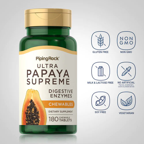 انزيم البابايا الافضل الأميليز والليباز والبروميلين 180 قرص مضغ Pipingrock Ultra Papaya Enzyme Supreme Non-GMO (Best Before 01-08-2027)