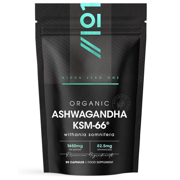 خلاصة اشواغاندا عضوية معتمدة فائقة الجودة 550 ملجم مع تعزيز الامتصاص 90 كبسولة ALPHA01 Organic Ashwagandha KSM-66® with BioPerine® (Best Before 01-09-2027)