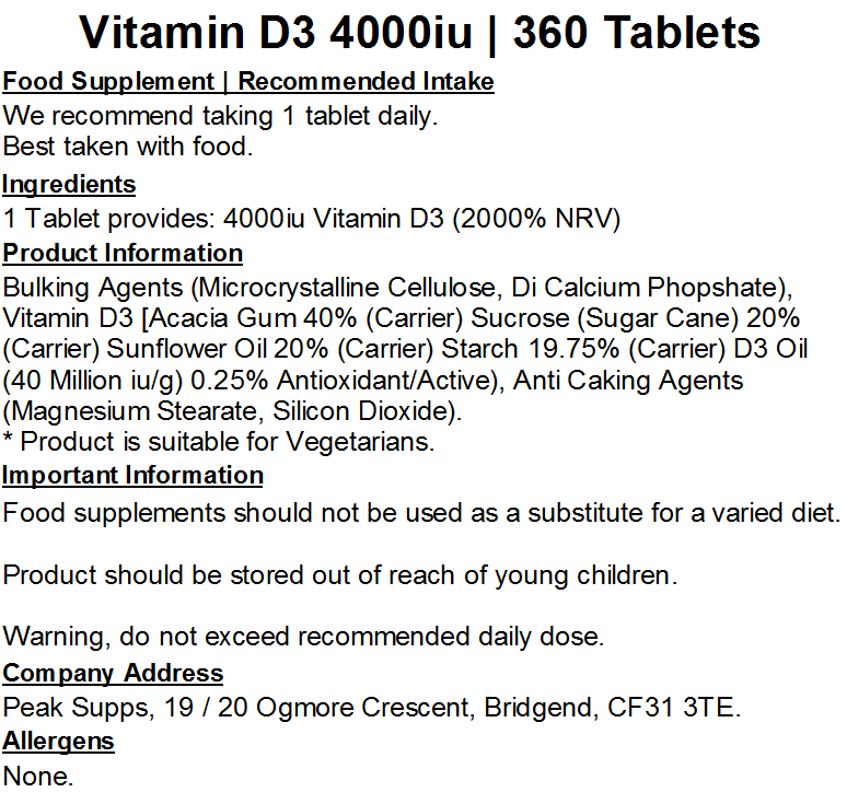 فيتامين د3 4,000 وحدة 360 قرص Peak supps Vitamin D3 (Best Before 31-08-2027)