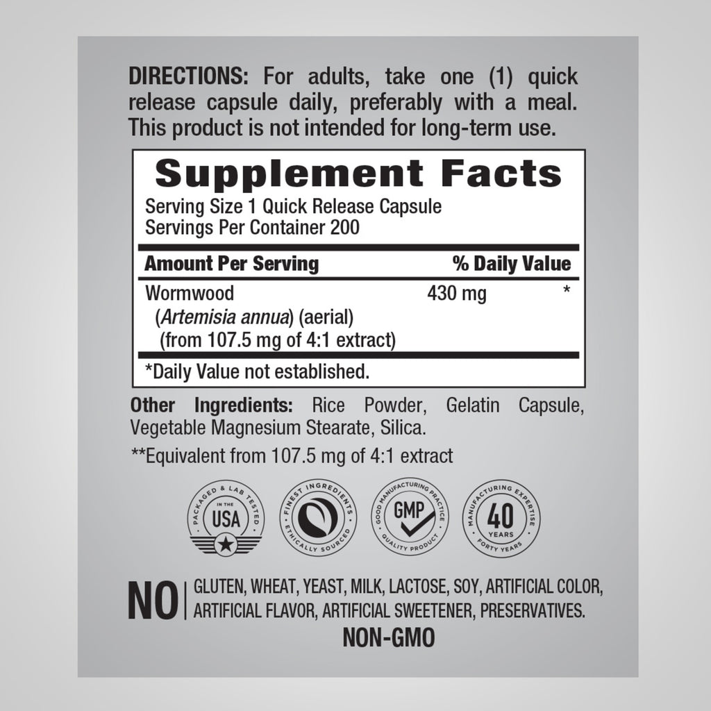 مستخلص شيح يعادل 430 ملغم 200 كبسولة PipingRock Wormwood (Artemisia annua) (Non-GMO) (Best Before 01-08-2027)
