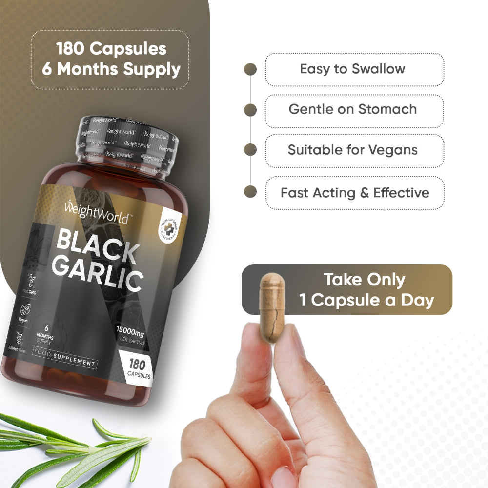 خلاصة ثوم أسود معتق مخمر يعادل 15000 ملجم 180 كبسولة (منتج اوروبي) Weightworld Black Garlic 20:1 With Allicin & S-Allyl Cysteine (Best Before 01-04-2027)