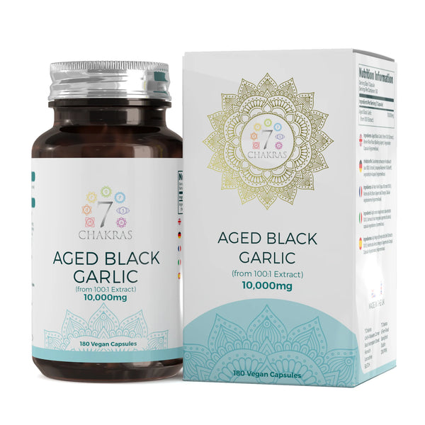 خلاصة ثوم أسود معتق مخمر فائق القوة يعادل 10,000 ملجم 180 كبسولة Chakras Aged Black Garlic (Best Before 01-03-2026)