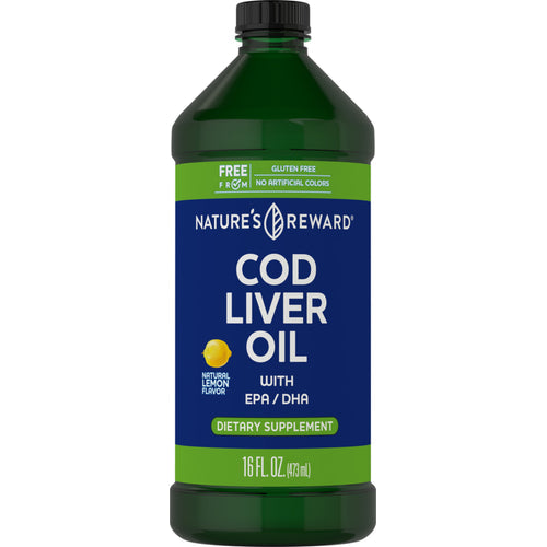 زيت كبد الحوت سائل غني بأحماض أوميغا 3 الدهنية مع فيتامينات أ و د 473 مل Nature's Reward Cod Liver Oil (Natural Lemon Flavor) With Vitamin A & D Rich in Omega 3 Fatty Acids EPA 320 & DHA 410 non-gmo (Best Before 01-08-2026)