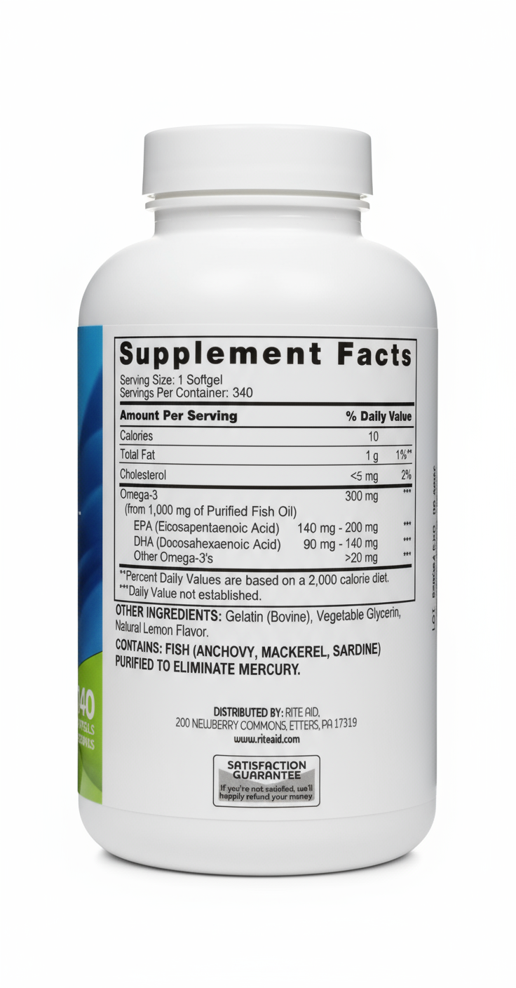 أوميجا 3 زيت السمك 1000 ملجم بنكهة الليمون 340 حبة Rite Aid Omega-3 Fish Oil Lemon Flavor EPA 140-200 & DHA 90-140 (Best Before 01-09-2027)