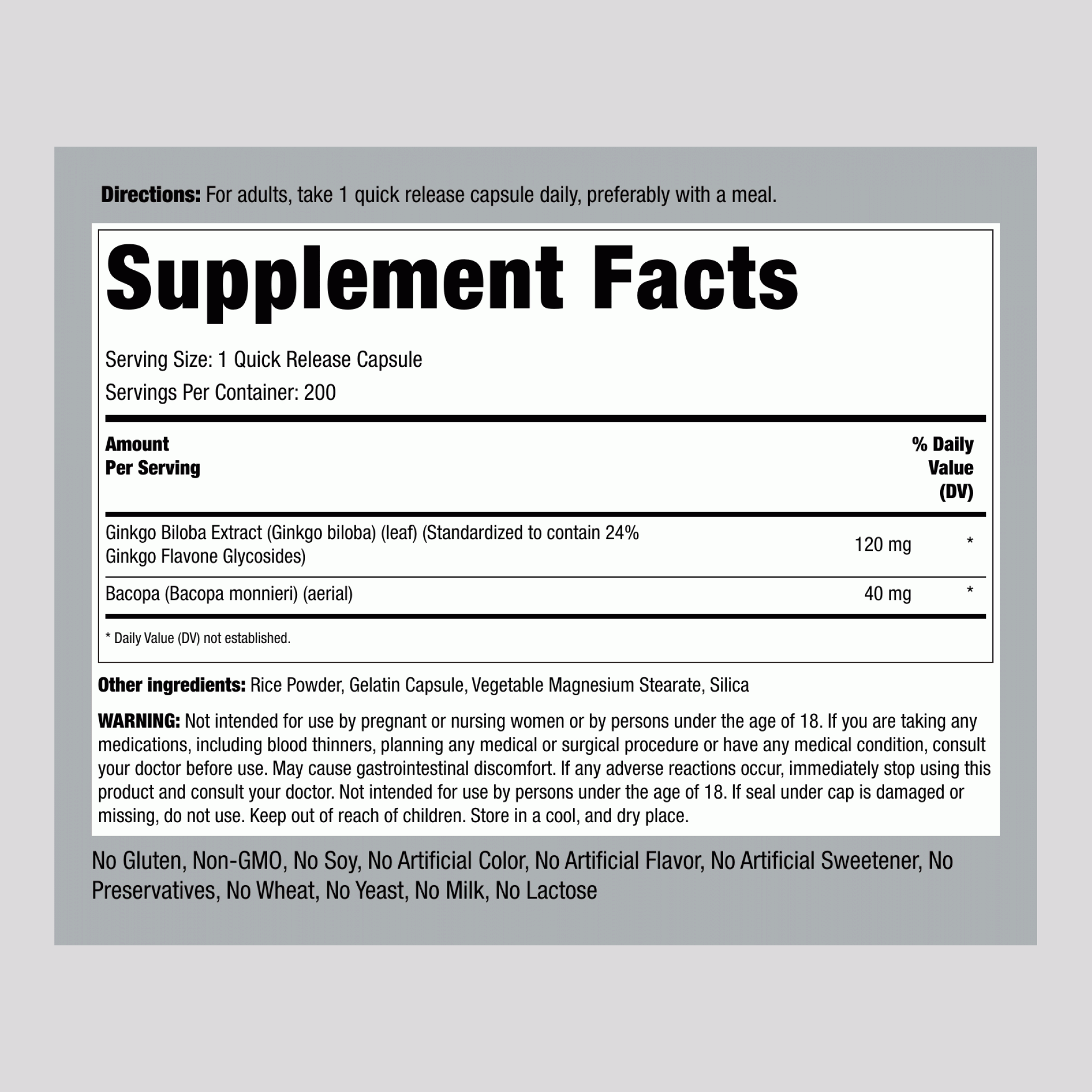 خلاصة الجنكة ( جنكو بيلوبا ) 120 ملجم مع باكوبا لتحسين النتيجة 200 كبسولة PipingRock Ginkgo Biloba Standardized Extract + Bacopa Non-GMO (Best Before 01-08-2027)