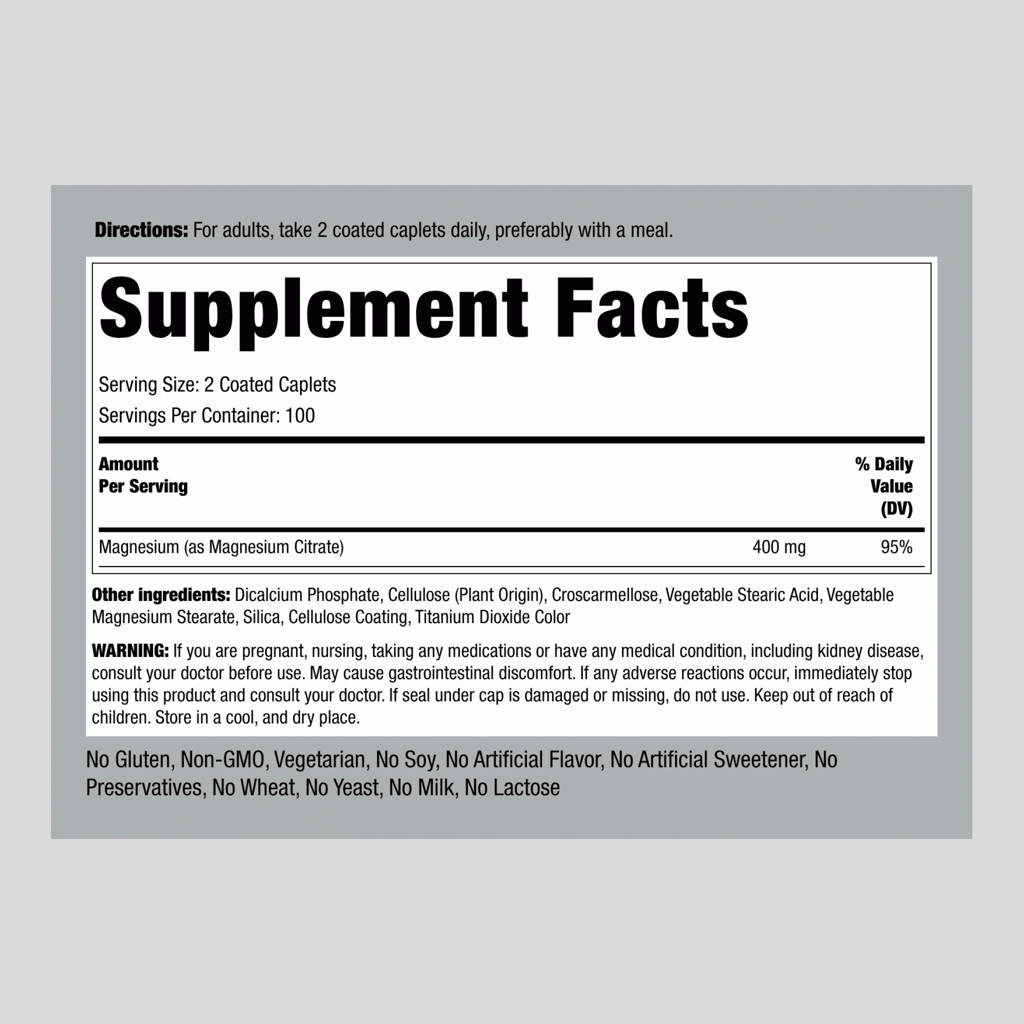 مغنيسيوم ستريت، جرعة قصوى 200 ملجم 200 كبسولة PipingRock Magnesium Citrate Non-GMO (Best Before 01-11-2028)