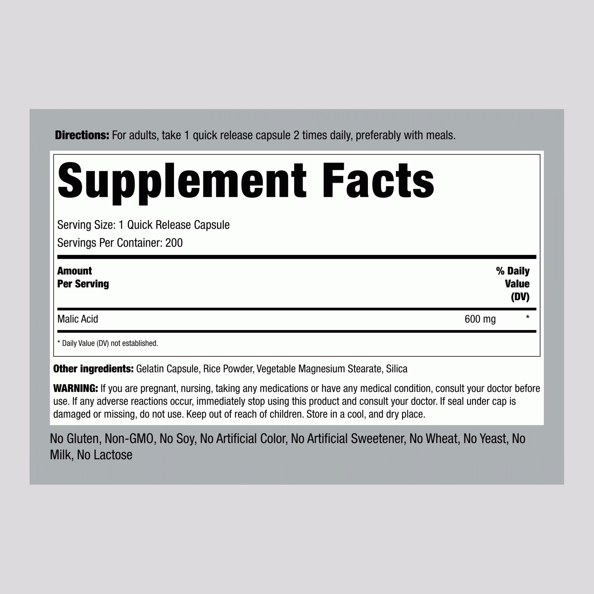 حمض الماليك (حمض التفاح) 600 ملجم 200 كبسولة PipingRock Malic Acid (Non-GMO) (Best Before 01-12-2027)