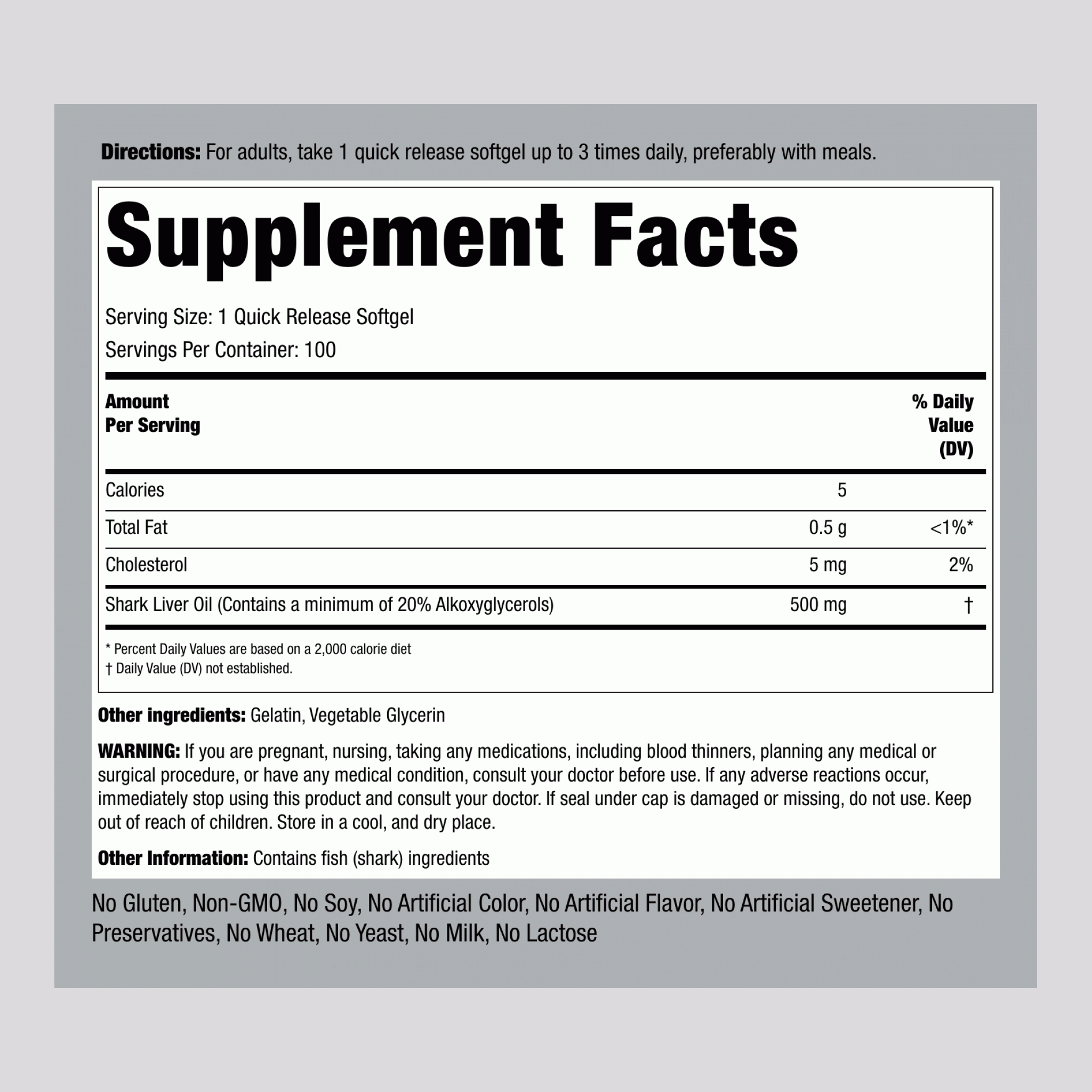 زيت كبد سمك القرش نقي 500 ملجم 100 حبة PipingRock PURIFIED ECO Shark Liver Oil 20% Alkoxyglycerols Non-GMO (Best Before 01-12-2028)