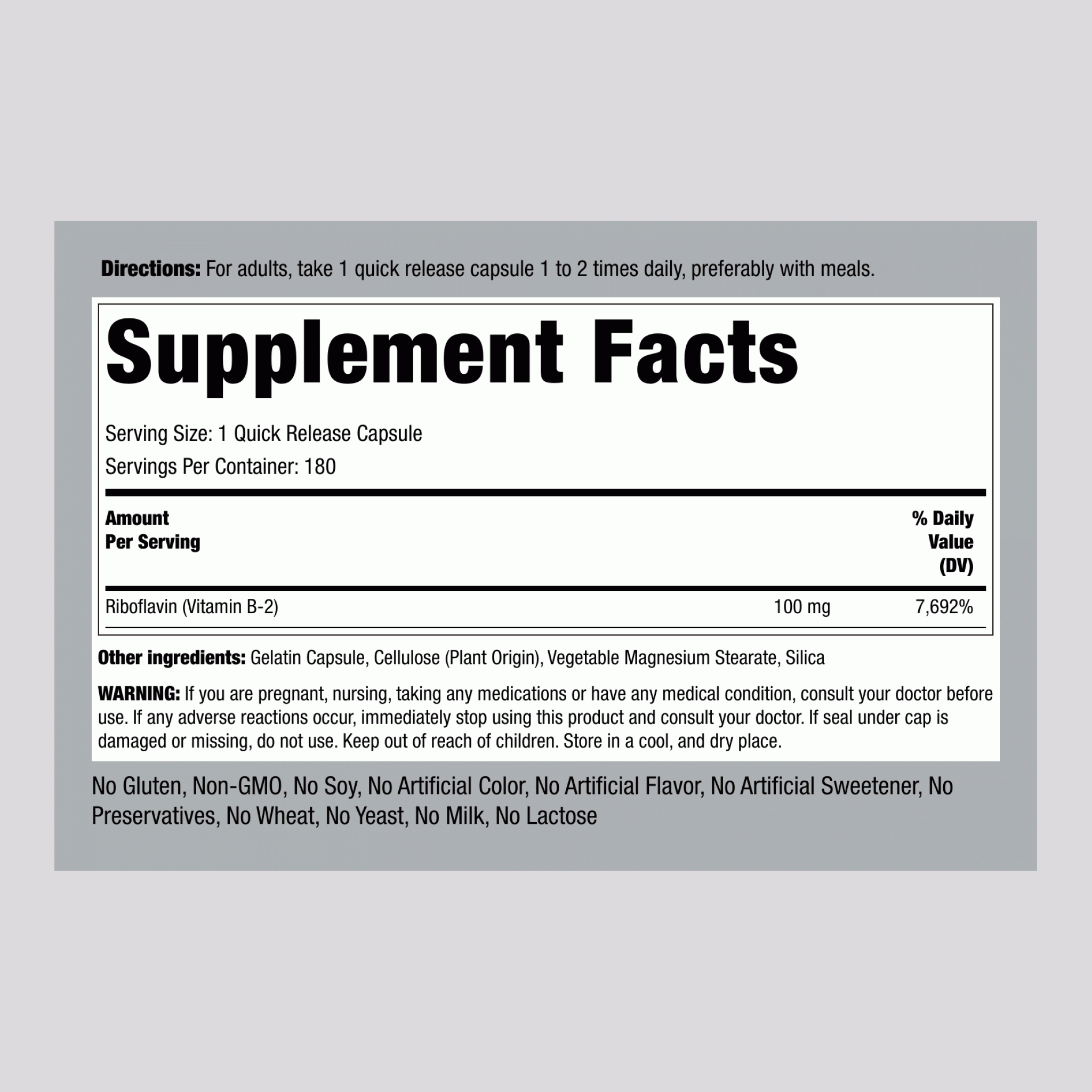 فيتامين ب2 (ريبوفلافين) 100 ملجم 180 كبسولة PipingRock Vitamin B2 (Riboflavin) Non-GMO (Best Before 01-08-2027)