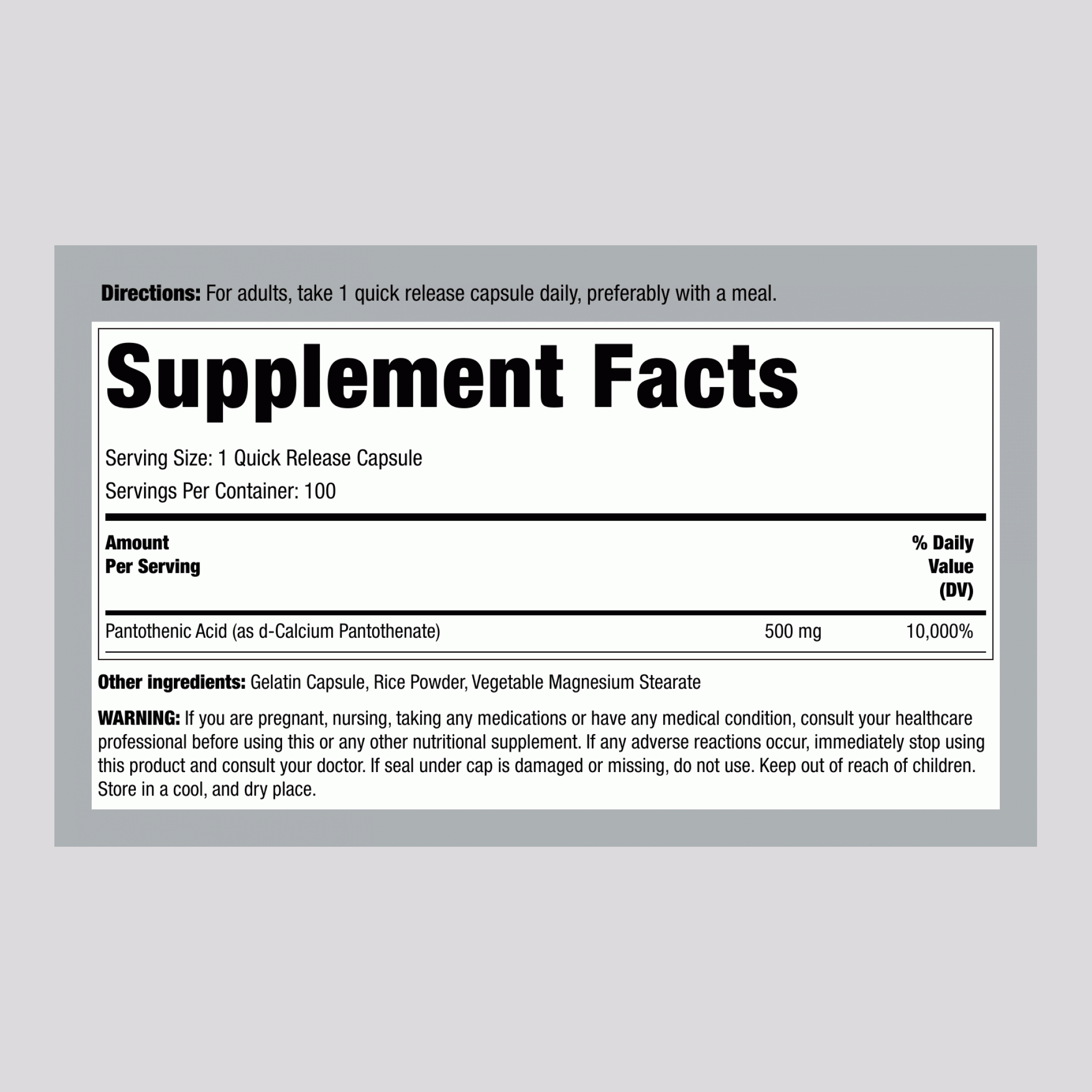 حمض البانتوثنيك، (فيتامين ب5) 500 ملجم، 100 كبسولة Pipingrock Pantothenic Acid (Vitamin B5) Non GMO (Best Before 01-12-2027)