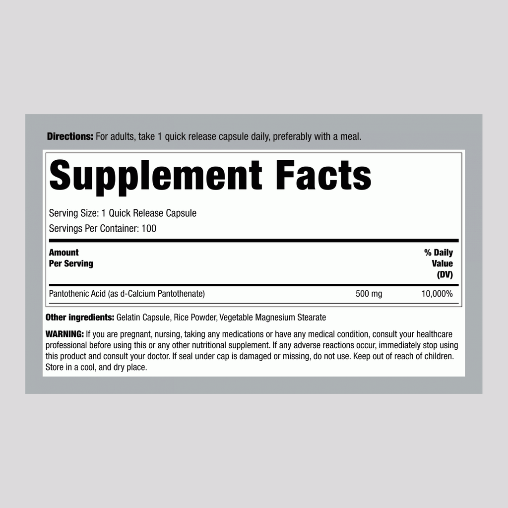 حمض البانتوثنيك، (فيتامين ب5) 500 ملجم، 100 كبسولة Pipingrock Pantothenic Acid (Vitamin B5) Non GMO (Best Before 01-03-2027)