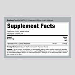 حمض البانتوثنيك، (فيتامين ب5) 500 ملجم، 100 كبسولة Pipingrock Pantothenic Acid (Vitamin B5) Non GMO (Best Before 01-03-2027)