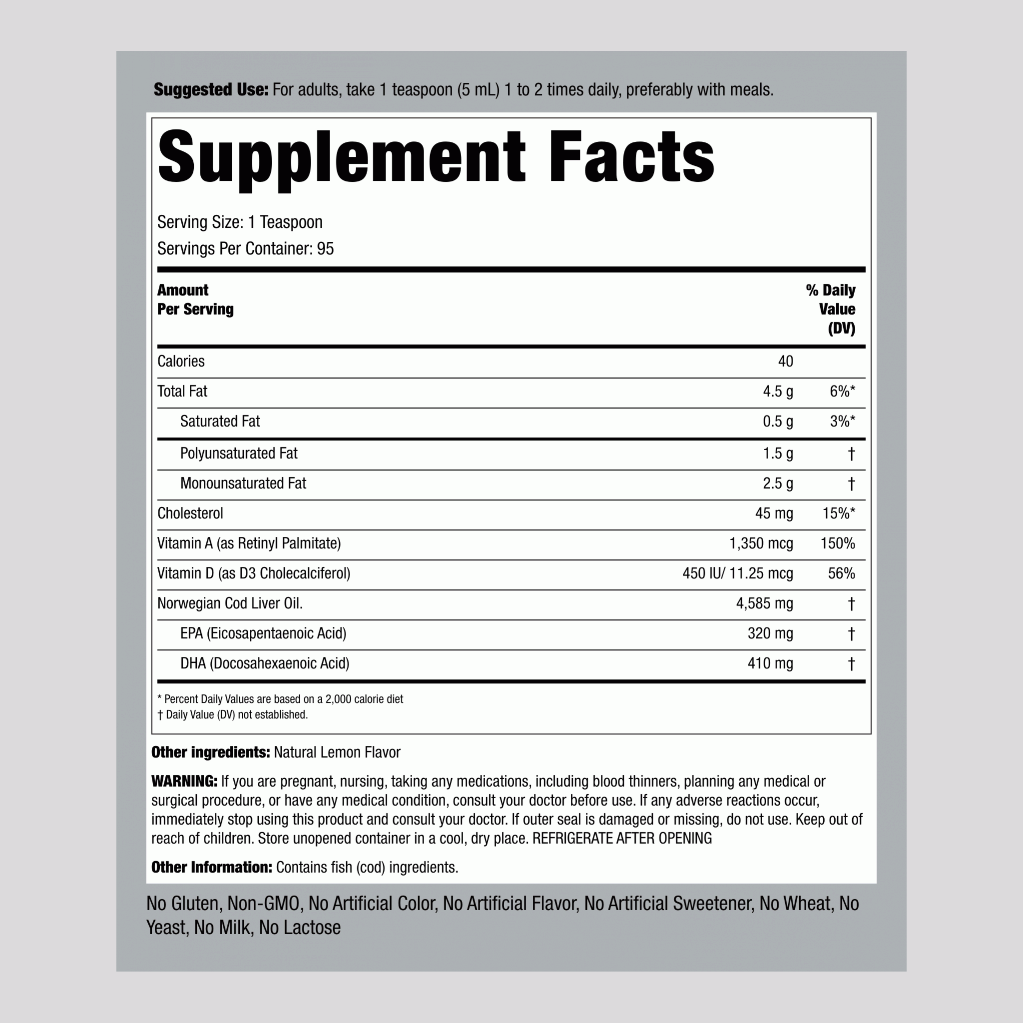 زيت كبد الحوت نرويجي سائل غني بأحماض أوميغا 3 الدهنية مع فيتامينات أ و د 473 مل Engelvaer Norwegian Cod Liver Oil (Natual Lemon Flavor) With Vitamin A & D Rich in Omega 3 Fatty Acids EPA 320 & DHA 410 (Best Before 01-12-2027)