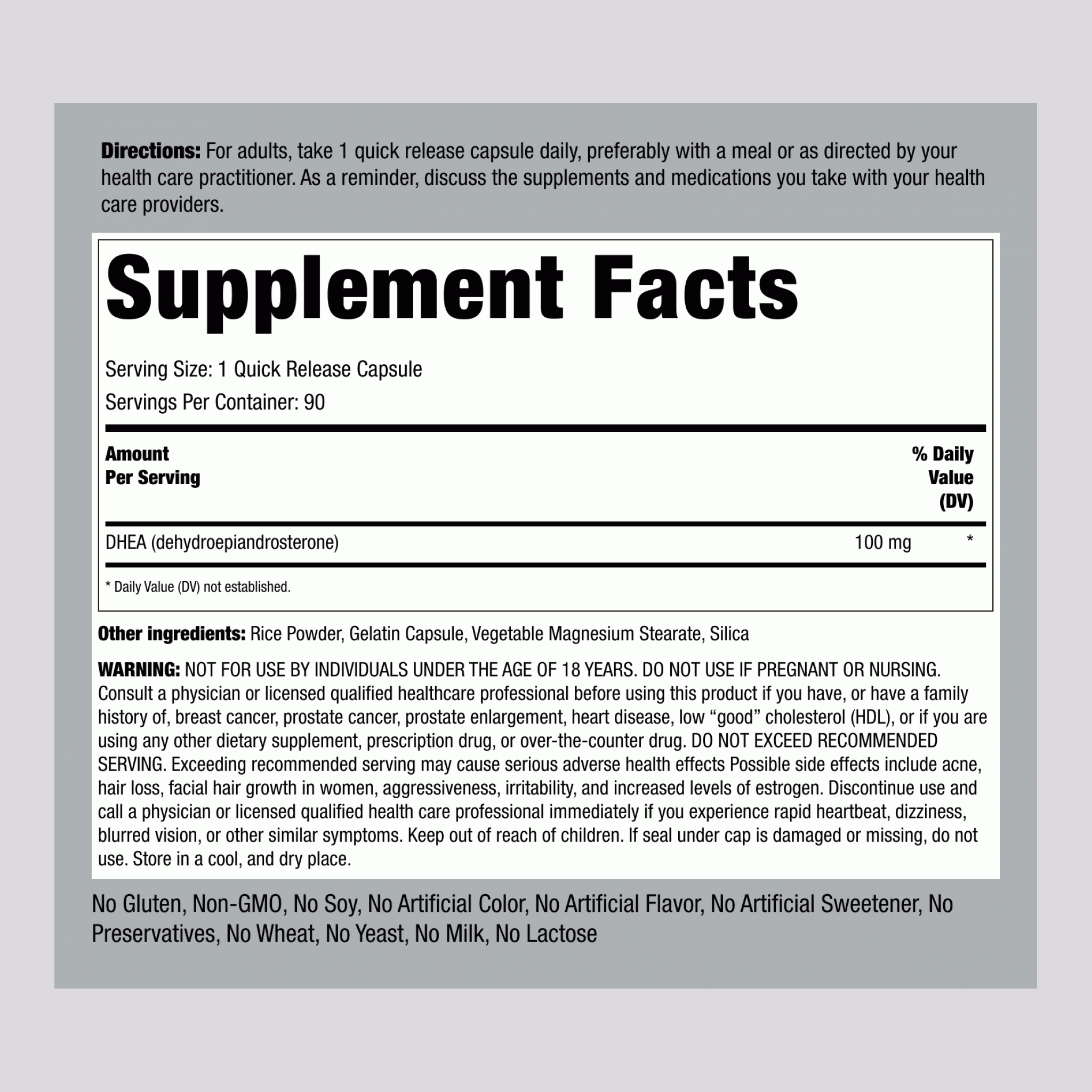 PipingRock DHEA 100 mg 90 Capsules (Best Before 01-05-2028)