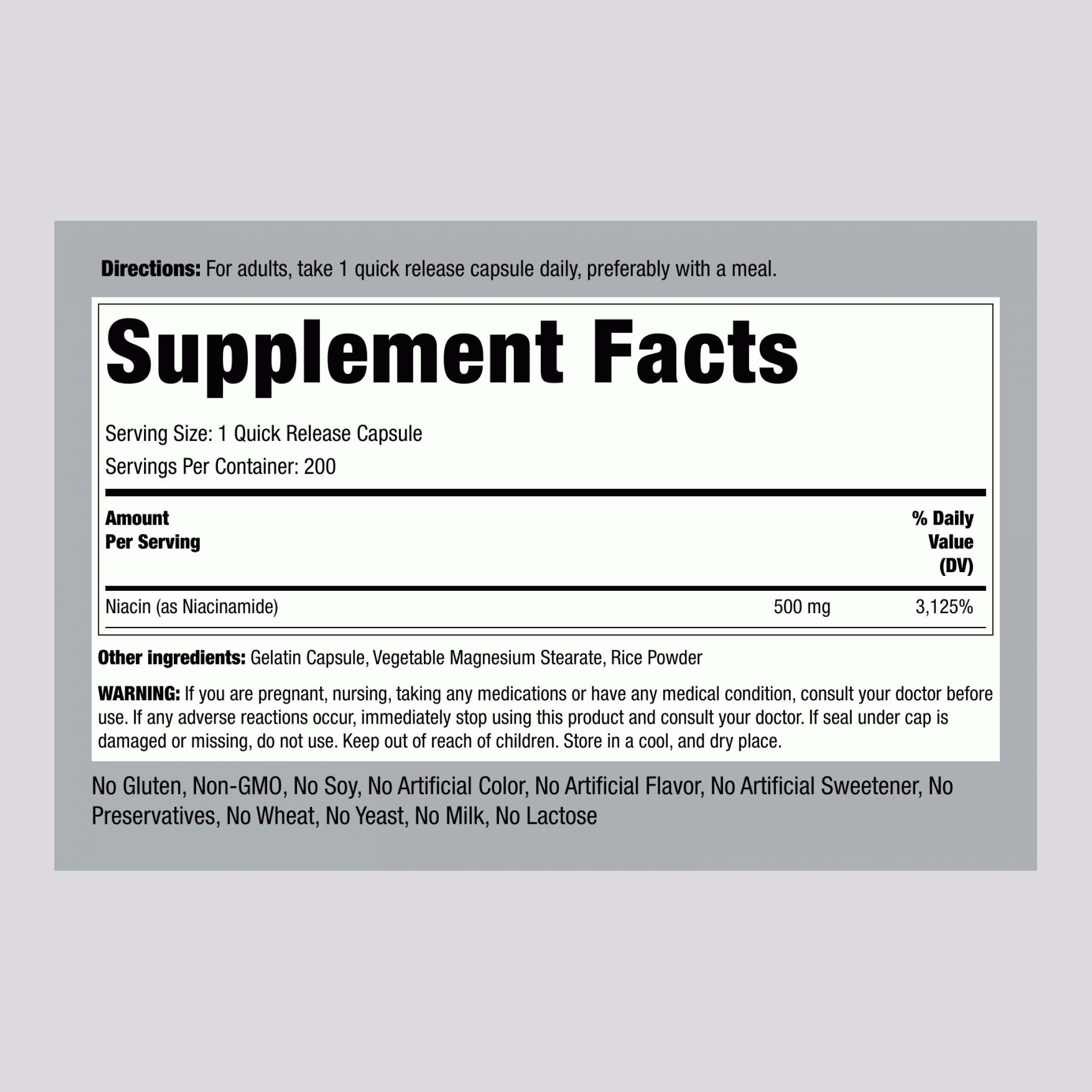 نياسين فيتامين ب3 بدون فلش 500 ملجم 200 كبسولة PipingRock No Flush Niacinamide Vitamin B3 (Best Before 01-04-2028)