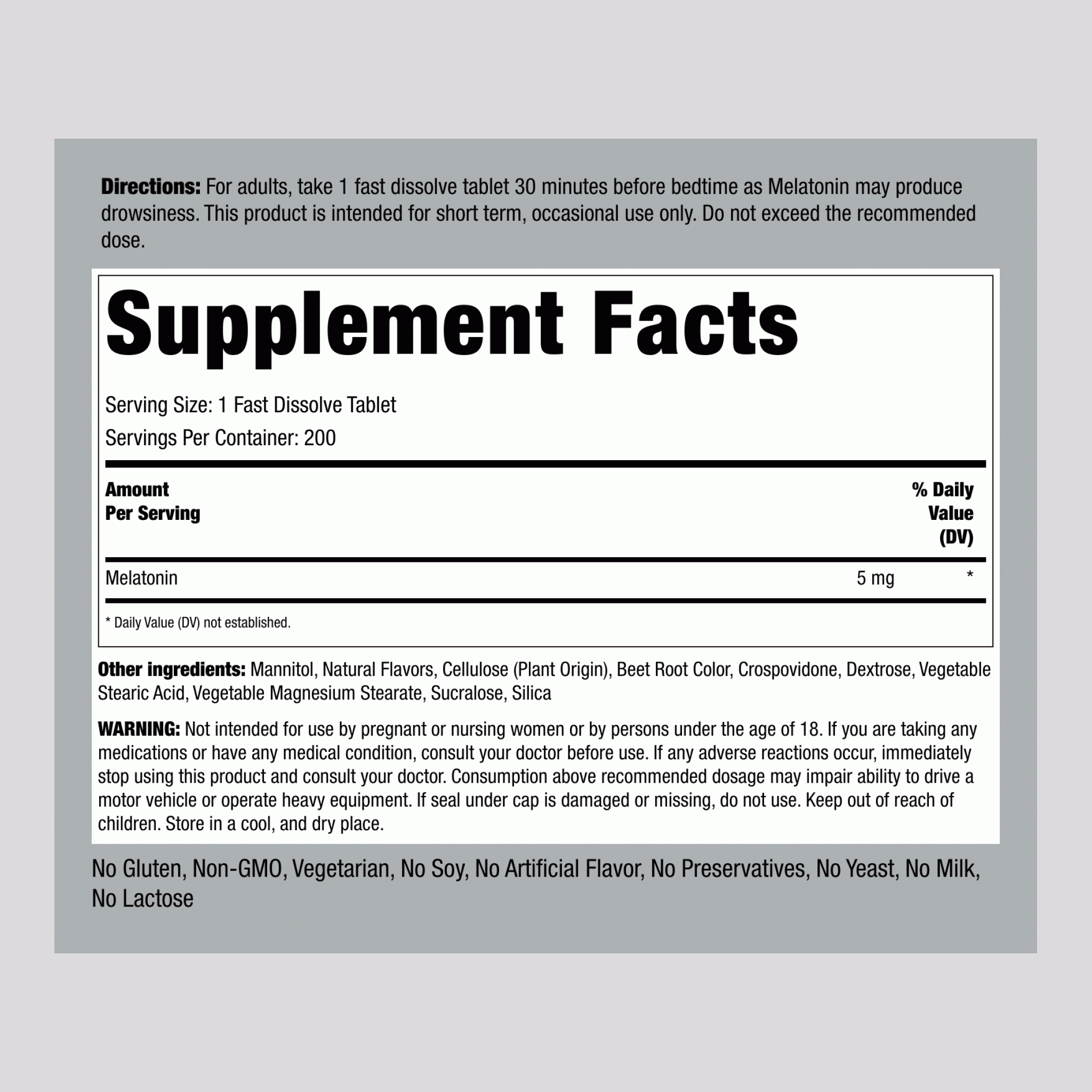 ميلاتونين 5 ملجم 200 حبة تحت اللسان PipingRock Melatonin (Natural Berry) (Non-GMO) (Best Before 01-10-2027)