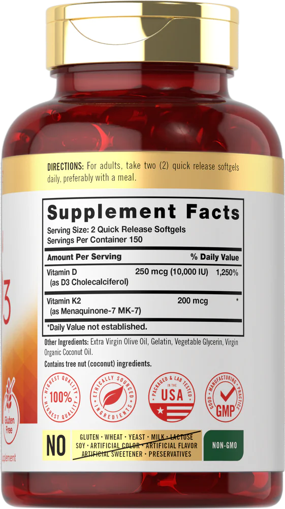 فيتامين د3 5000 وحدة + ك2 100 ميكرو بزيت الزيتون البكر وزيت جوز الهند العضوي البكر 300 حبة Carlyle Vitamin D3 + K2 with Extra Virgin Olive Oil (Non-GMO) (Best Before 01-04-2028)