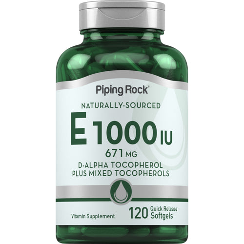 فيتامين اي طبيعي بالقوة القصوى 1000 وحدة 120 حبة PipingRock Natural Vitamin E plus Mixed Tocopherols Non-GMO (Best Before 01-04-2028)