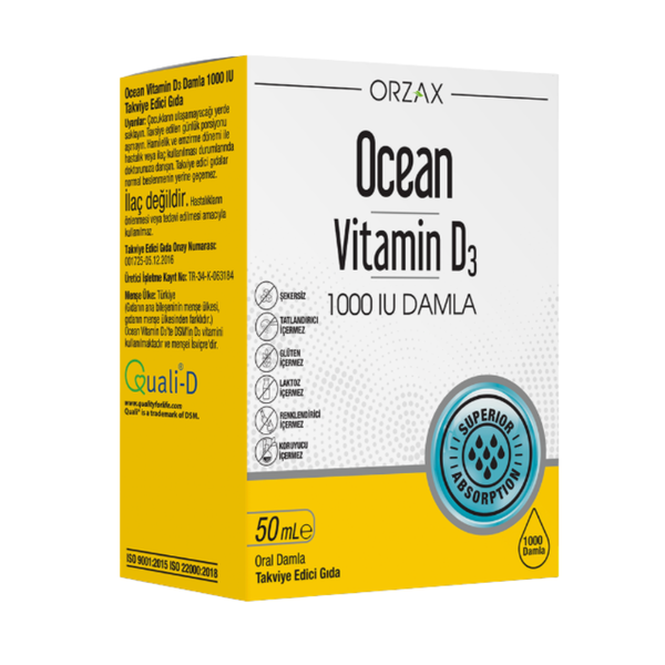 فيتامين د3 سائل 5000 وحدة كل 5 نقاط بزيت الزيتون 50 مل (يكفي 200 يوم) (منتج تركي) Orzax Ocean Vitamin D3 Drops Liquid High Strength & Absorption (Best Before 01-04-2027)