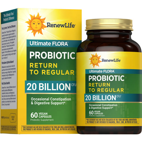 بروبيوتك (بكتيريا نافعة) 20 مليار وحدة 25 سلالة + بريبيوتك (غذاء البكتيريا النافعة) + فيتامين سي + زنك 60 كبسولة Renew Life Probiotic Return to Regular + Prebiotic + Zinc (Best Before 01-11-2026)