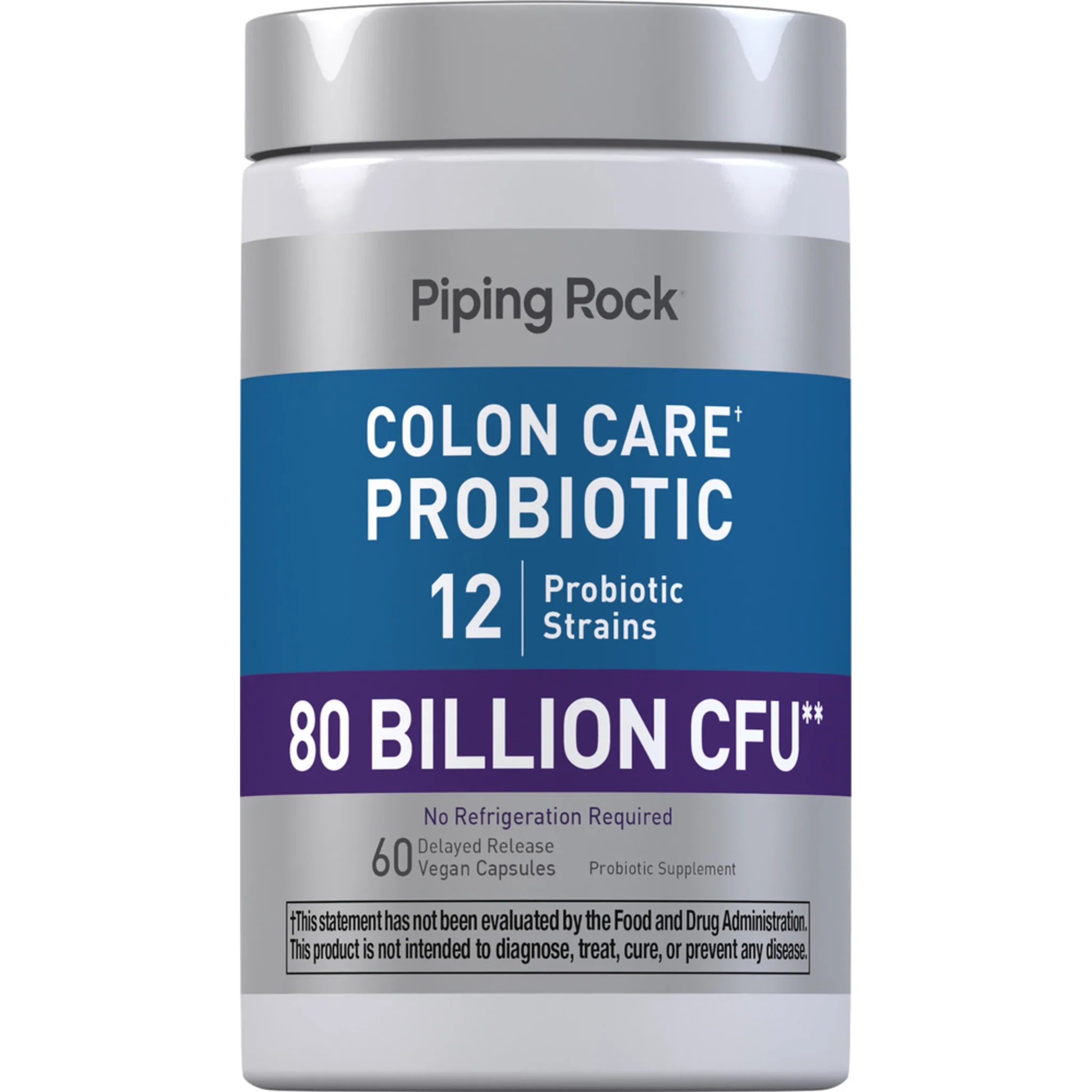 بروبيوتك (بكتيريا نافعة) 80 مليار وحدة 12 سلالة 60 كبسولة PipingRock Probiotic Colon Care (Best Before 01-04-2027)