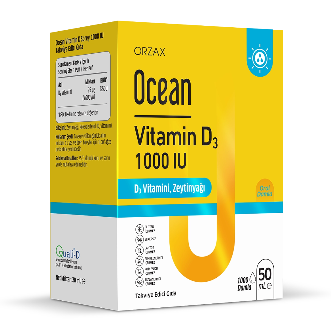 فيتامين د3 سائل 5000 وحدة كل 5 نقاط بزيت الزيتون 50 مل (يكفي 200 يوم) (منتج تركي) Orzax Ocean Vitamin D3 Drops Liquid High Strength & Absorption (Best Before 01-02-2029)