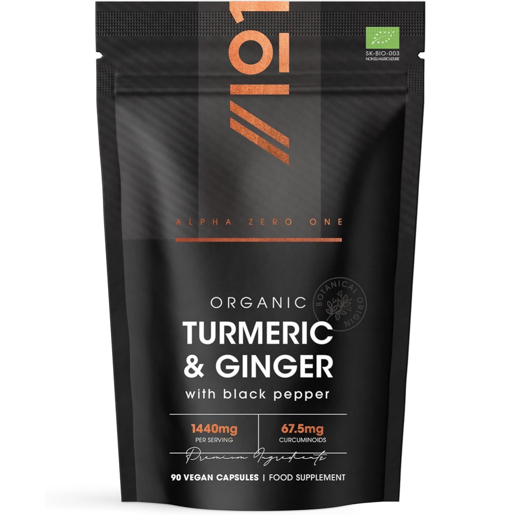كركم عضوي 675 ملغم مع كركمين وزنجبيل عضوي 40 ملغم وفلفل أسود 90 كبسولة ALPHA01 Organic Turmeric with Ginger & Black Pepper High Strength Curcuminoids (Best Before 01-10-2027)