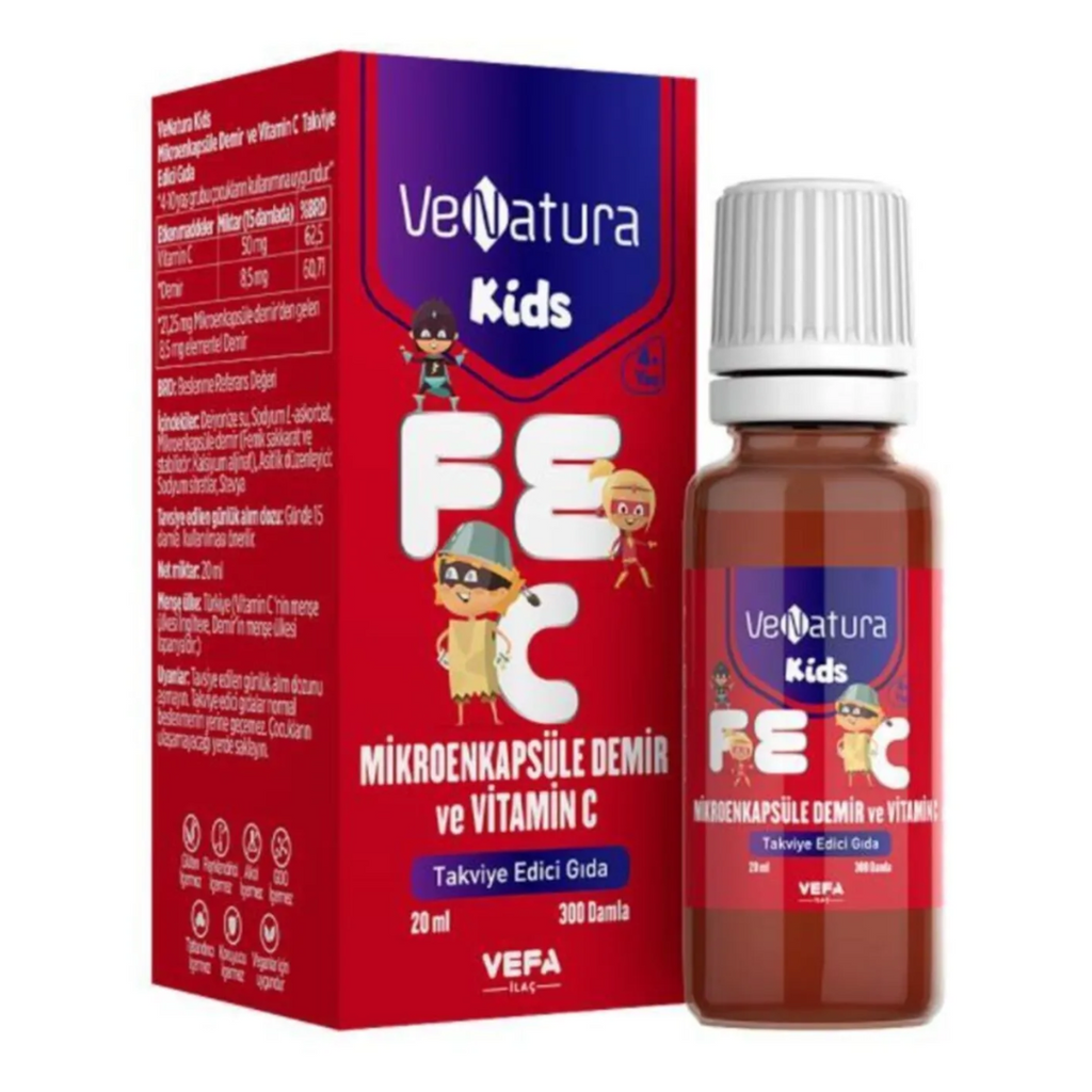 حديد مع فيتامين سي سائل للاطفال مۡحلى بالستيفيا 20 مل (منتج تركي) VeNatura Kids Iron and Vitamin C (Best Before 01-06-2027)