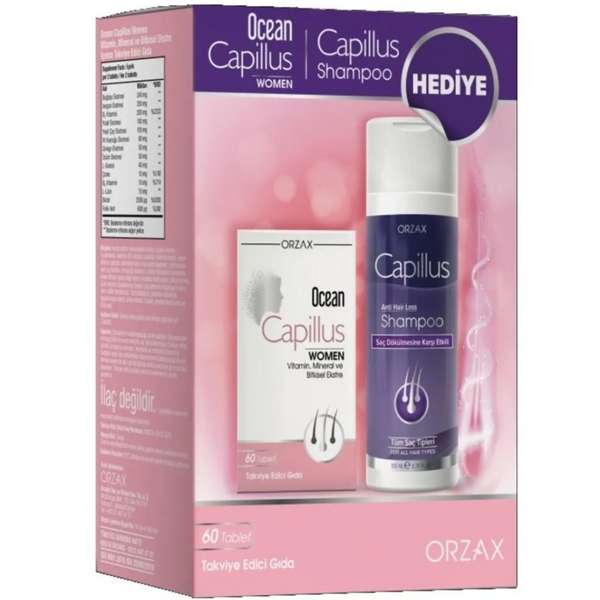 تركيبة نمو الشعر وتقويته للنساء 60 قرص + شامبو للتساقط 200 مل (منتج تركي) Orzax Ocean CAPILLUS + Anti Hair Loss Shampoo (Best Before 01-07-2027)