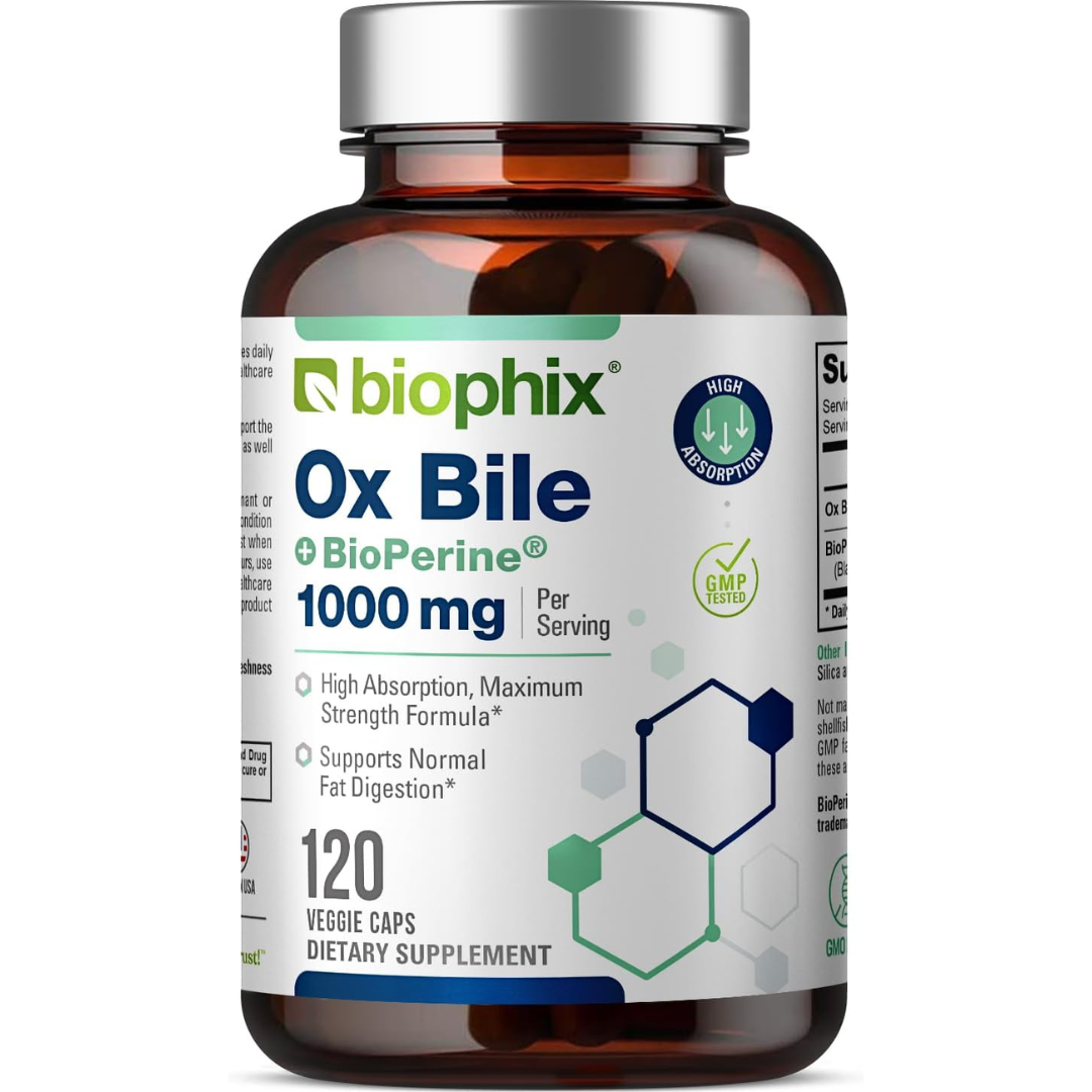 املاح المرارة بالقوة المضاعفة 500 ملغم مع زيادة الامتصاص 120 كبسولة biophix Ox Bile with BioPerine High Absorption Digestive Enzymes (Best Before 01-03-2028)