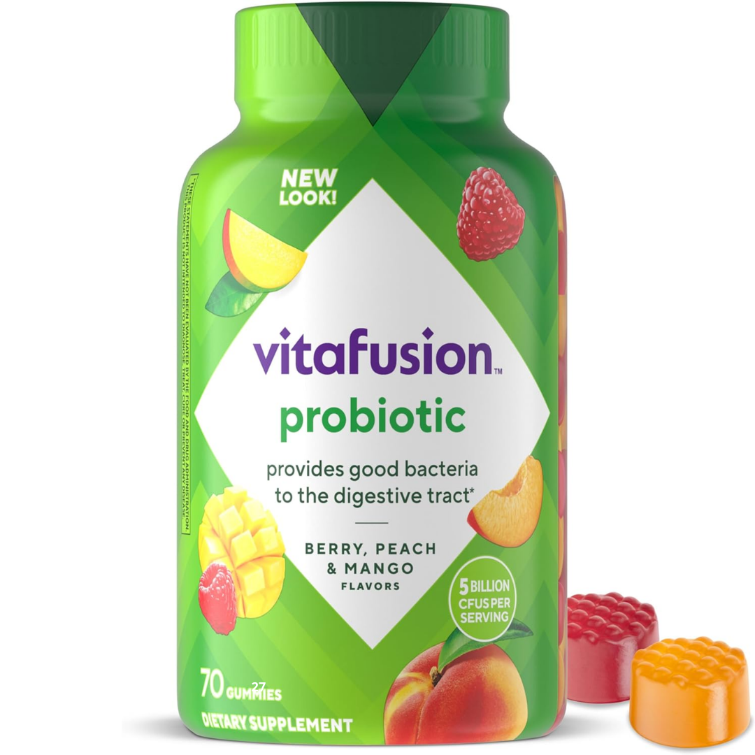 بروبيوتيك (بكتيريا نافعة) 5 مليار وحدة بنكهات التوت والخوخ والمانجو 70 حبة سوس vitafusion Probiotic Raspberry, Peach and Mango Flavors (Best Before 01-12-2026)