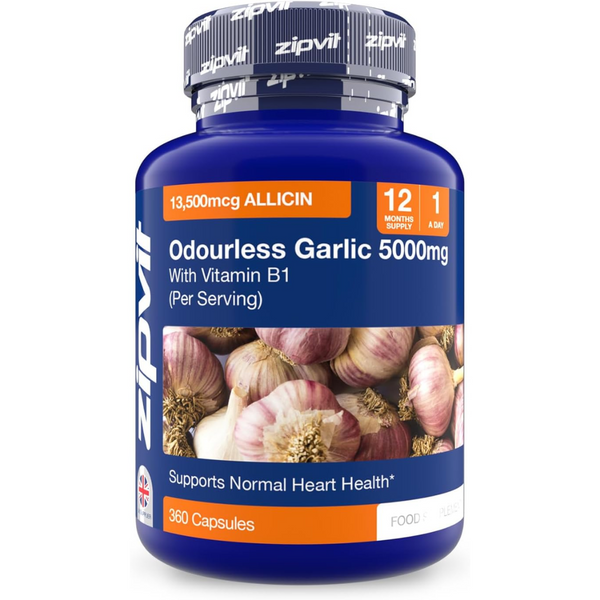 خلاصة ثوم عالي القوة يعادل 5000 ملجم (13500 ميكروجرام من الأليسين) مع فيتامين ب1 360 حبة Zipvit Odourless Garlic - Allicin with Vitamin B1 (Best Before 01-04-2027)