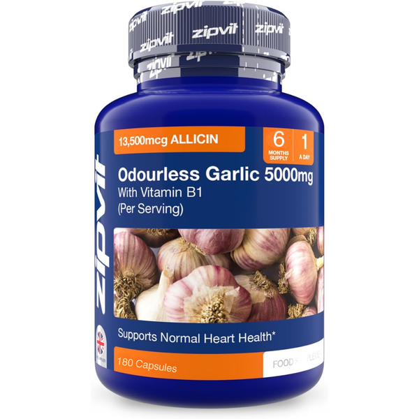 خلاصة ثوم بدون رائحة عالي القوة يعادل 5000 ملجم (13,500 ميكروجرام من الأليسين) مع فيتامين ب1 180 حبة Zipvit Odourless Garlic - Allicin with Vitamin B1 (Best Before 01-03-2028)