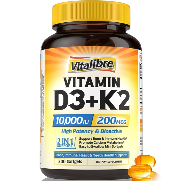 فيتامين د3 10000 وحدة + ك2 200 ميكرو 300 حبة Vitalibre Vitamin D3 + K2 (Best Before 01-03-2028)