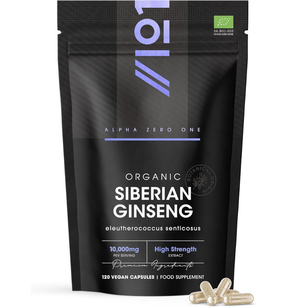 خلاصة جنسينغ سيبيري عضوي عالي القوة 20:1 يعادل 5000 ملجم 120 كبسولة ALPHA01 Organic Siberian Ginseng (Eleuthero) High Strength (Best Before 01-04-2028)