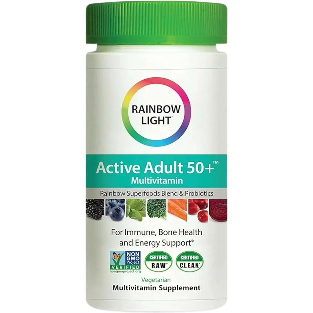 فيتامينات ومعادن متعددة + خلاصات أعشاب + انزيمات هاضمة + بروبيوتك الأفضل للكبار 1175 ملغم 55 عنصر 180 قرص RAINBOW LIGHT Active 50+ Multivitamin (Best Before 01-12-2027)