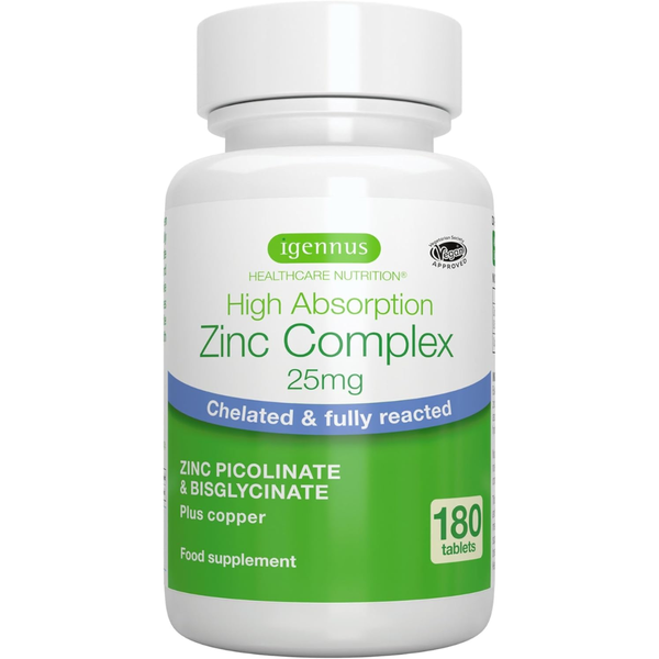 زنك بايكلونيت وباي جلايسينيت كومبلكس 25 ملجم + نحاس باي جلايسينيت 1 ملجم 180 قرص Igennus Clean Chelated Zinc Picolinate & Bisglycinate Complex with Copper (Best Before 01-10-2027)