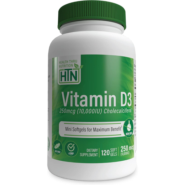 فيتامين د3 10000 وحدة بزيت زيتون عضوي بكر 360 حبة Health Thru Nutrition Vitamin D3 Non-GMO (Best Before 31-01-2029)