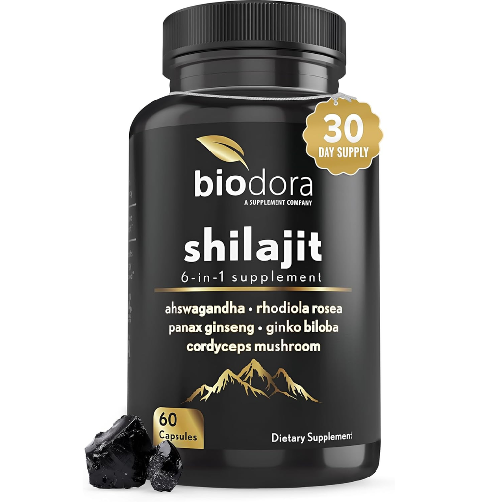 خلاصة شيلاجيت 300 ملجم + أشواغاندا + روديولا + جينسنغ + كورديسيبس + جنكة 60 كبسولة Biodora 6-in-1 Shilajit with Pure Ashwagandha, Rhodiola Rosea Panax Ginseng (Best Before 28-07-2027)